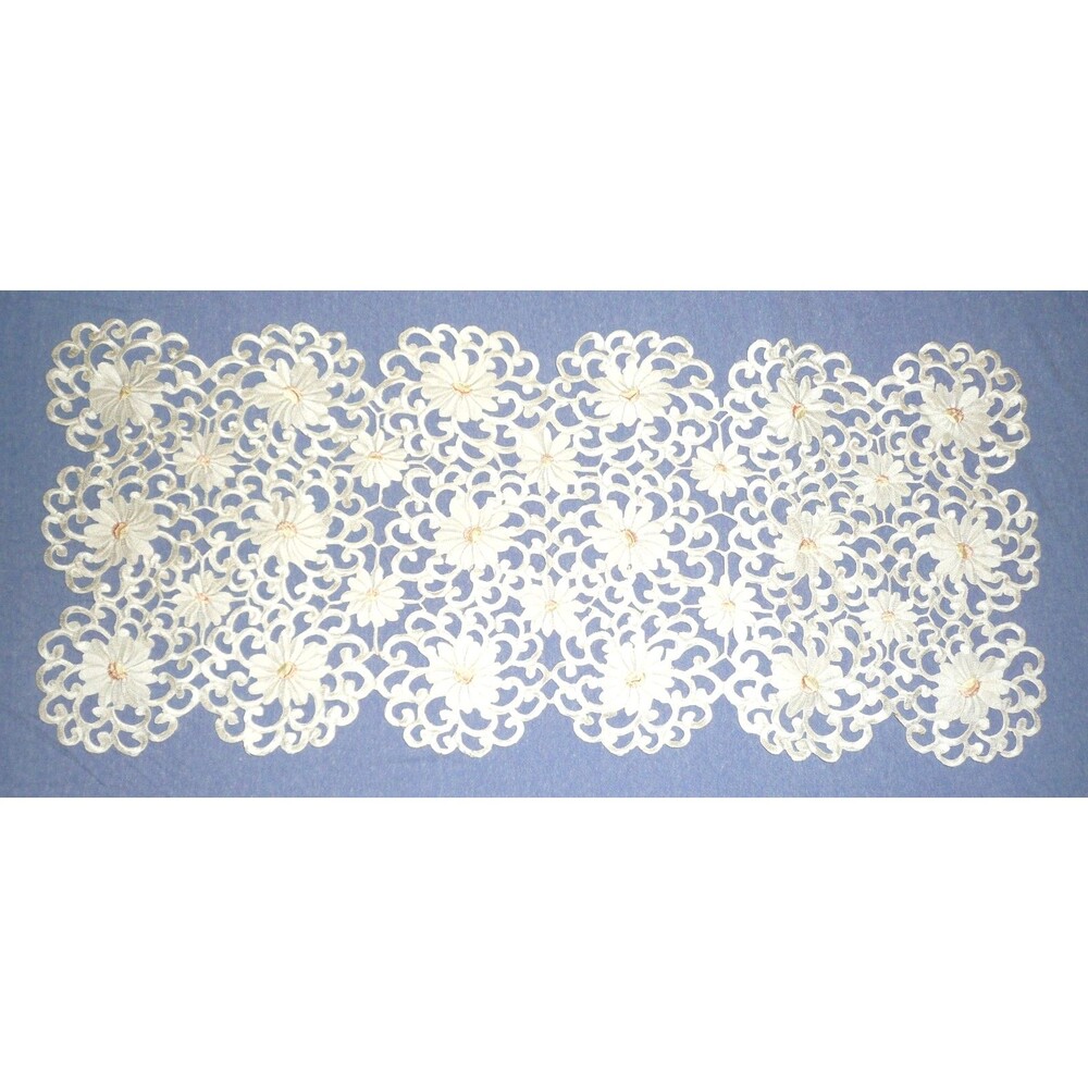 Ivory Pedals Lace Doily  33" x 15" Table Runner Dresser Cloth Doily Daisy Flower